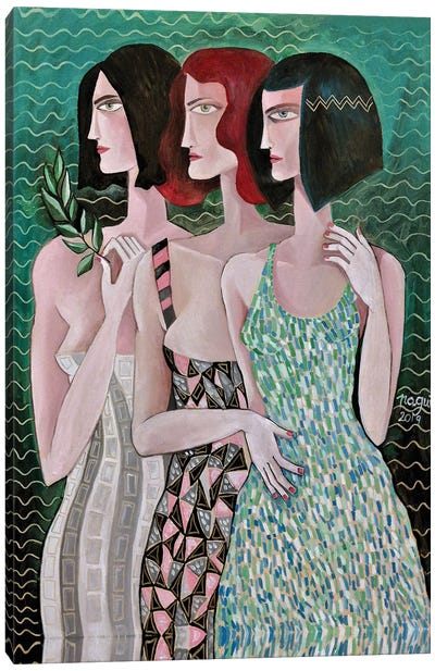 Three Women On A Green Background Canvas Art Print - Cubism Art