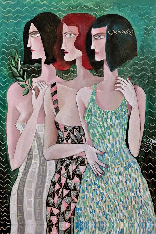 Three Women On A Green Background