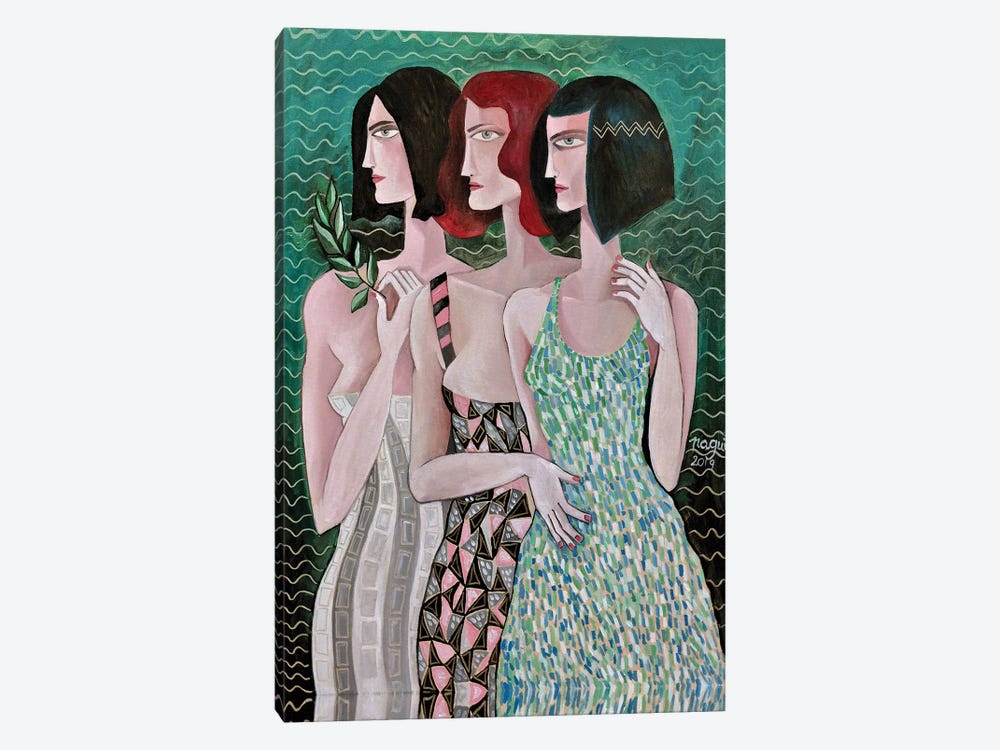 Three Women On A Green Background by Nagui Achamallah 1-piece Canvas Art Print