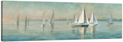 Sailboats at Sunrise Canvas Art Print - 3-Piece Panoramic Art