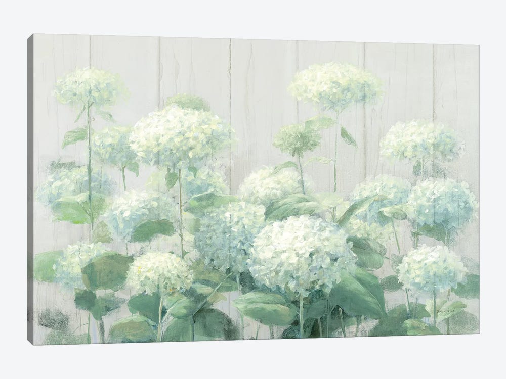 White Hydrangea Garden Sage on Wood  1-piece Canvas Art