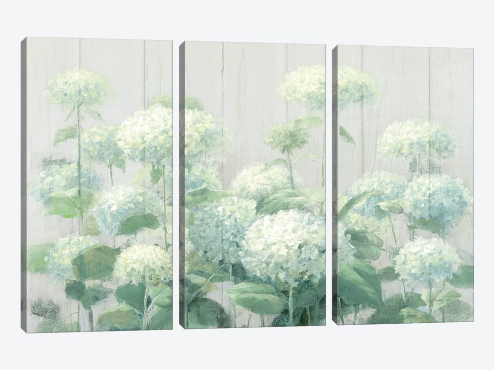 White Hydrangea Garden Sage on Wood  3-piece Canvas Wall Art