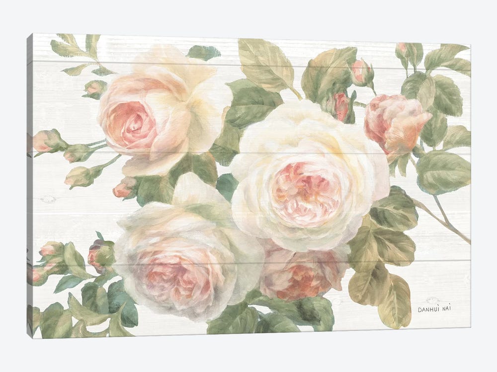 Vintage Roses White on Shiplap Crop by Danhui Nai 1-piece Canvas Art Print