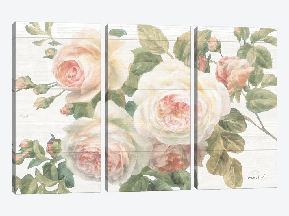 Vintage Roses White on Shiplap Crop by Danhui Nai 3-piece Canvas Art Print