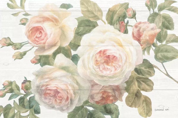 Danhui Nai: Vintage Roses White on Shiplap Crop by Danhui Nai