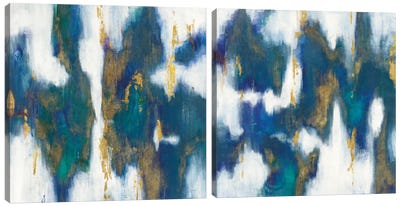 Blue Texture Diptych Canvas Art Print - Gold & Teal Art