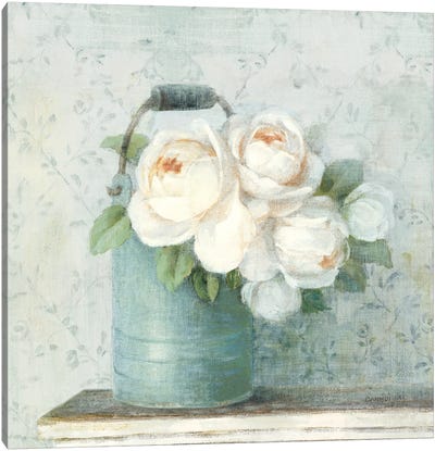 June Roses I White Blue Crop Canvas Art Print - Gardening Art