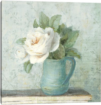 June Roses II White Blue Crop Canvas Art Print - Farmhouse Kitchen Art