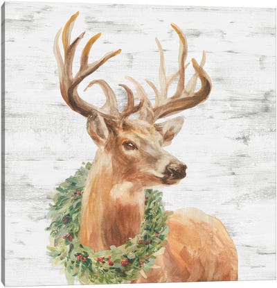 Woodland Holidays Stag Gray Canvas Art Print - Rustic Winter