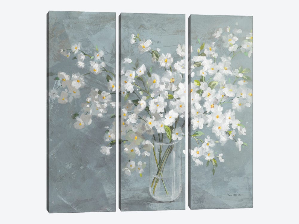 Fresh White Bouquet On Gray Background by Danhui Nai 3-piece Canvas Artwork