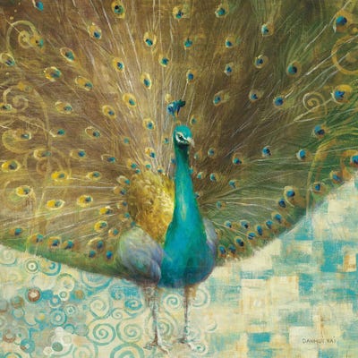 Teal Peacock on Gold by Danhui Nai framed wall art