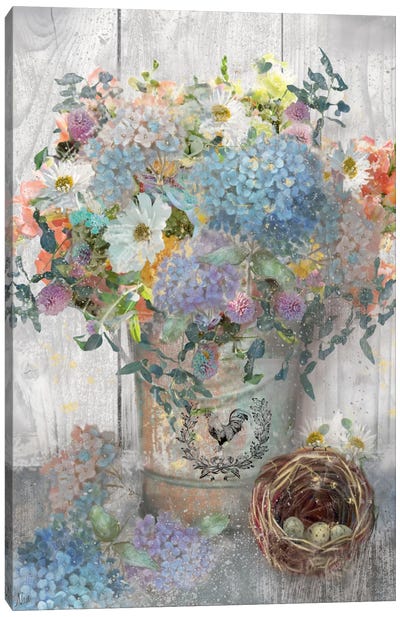 Bucket Of Flowers I Canvas Art Print - Shabby Chic Décor