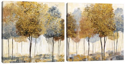 Metallic Forest Diptych Canvas Art Print - Gray & Yellow Art