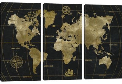 Golden World Canvas Art Print - 3-Piece Map Art