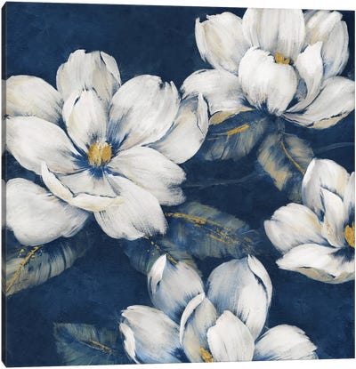 Magnolias Indigo Canvas Art Print - Best Selling Floral Art