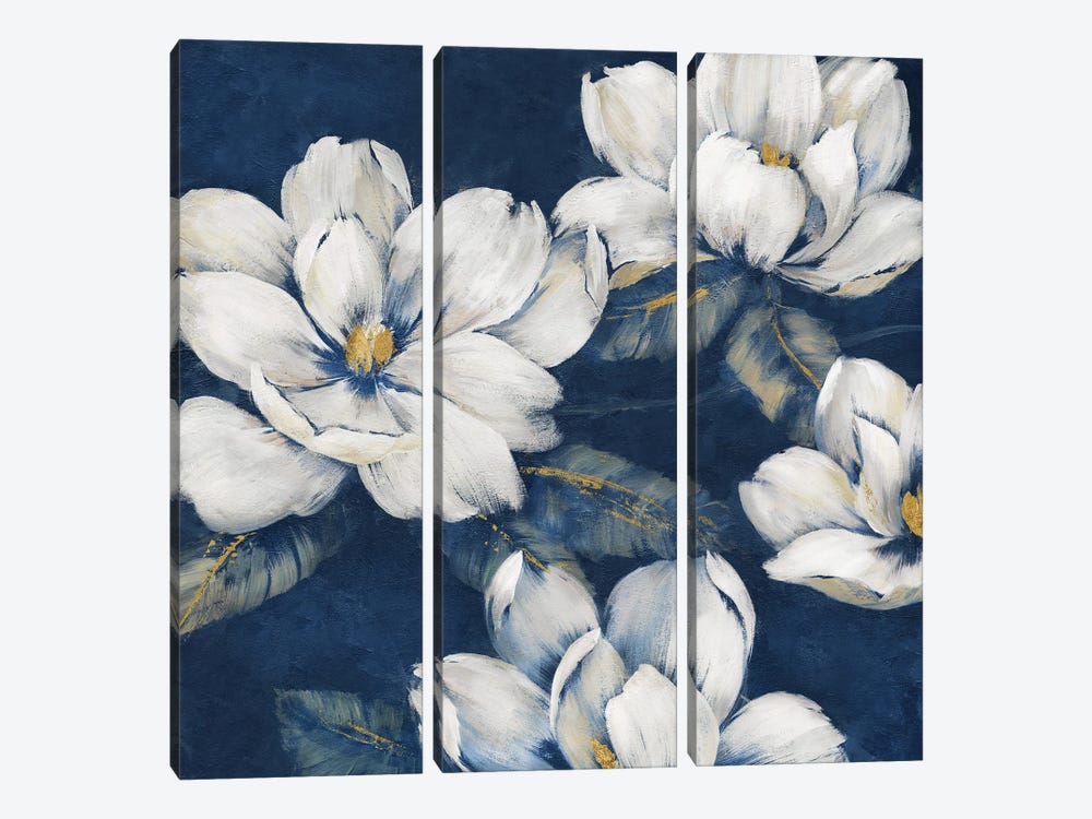 Magnolias Indigo by Nan 3-piece Canvas Art Print