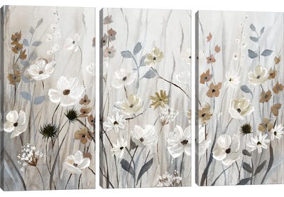 Misty Meadow Field Canvas Art Print - 3-Piece Floral & Botanical Art