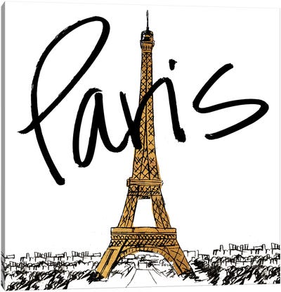 Gold Eiffel In Paris Canvas Art Print - Paris Typography
