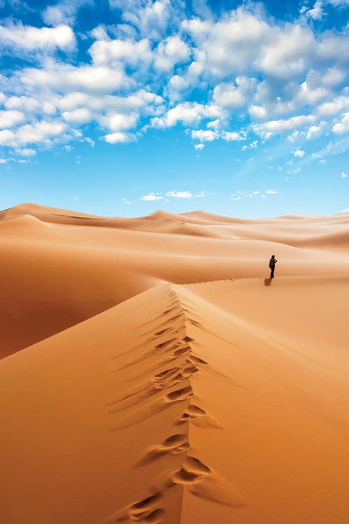 Woman Alone In The Sahara Desert, Erg Murzuq, Sahara Desert, Fezzan, Libya, North Africa