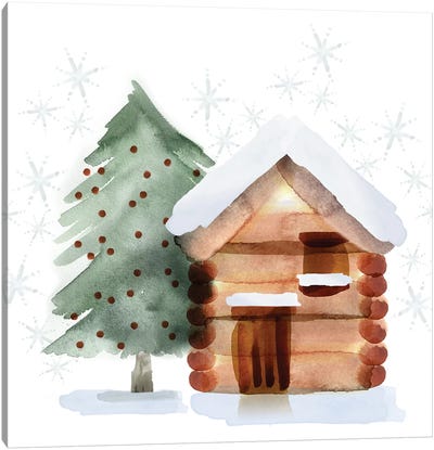Christmas Hinterland IV - Tree & Cabin Canvas Art Print - Noonday Design