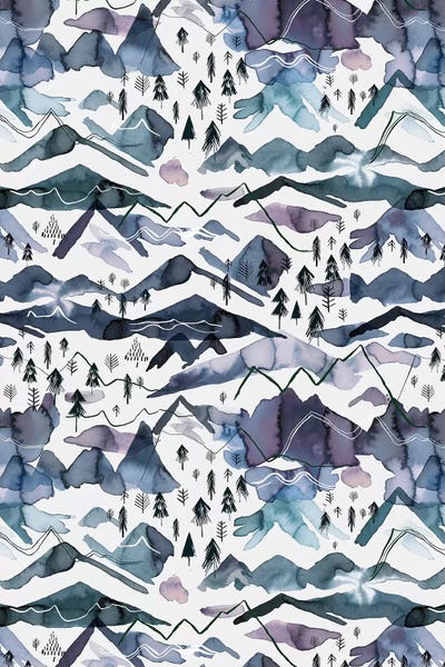 Watercolor Mountains Blue Mauve