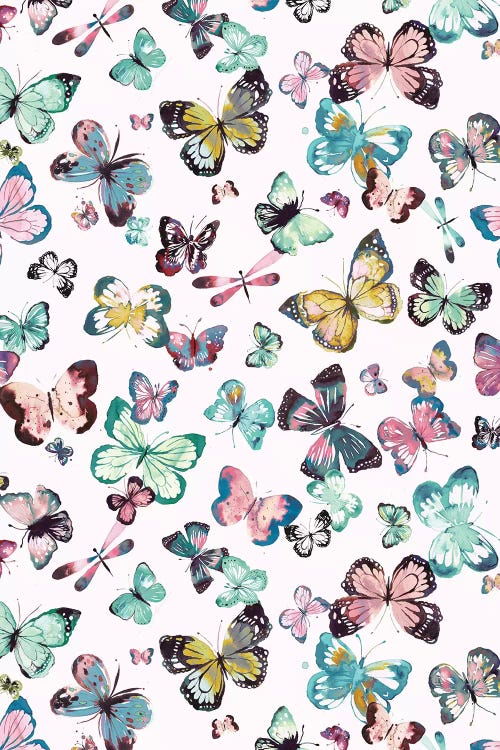 Watercolor Butterflies Pink Green