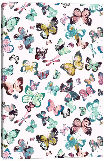 Watercolor Butterflies Pink Green Canvas Art Print - Animal Patterns