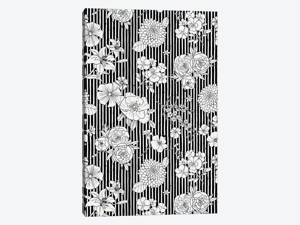 Flowers And Stripes Black White by Ninola Design 1-piece Canvas Artwork