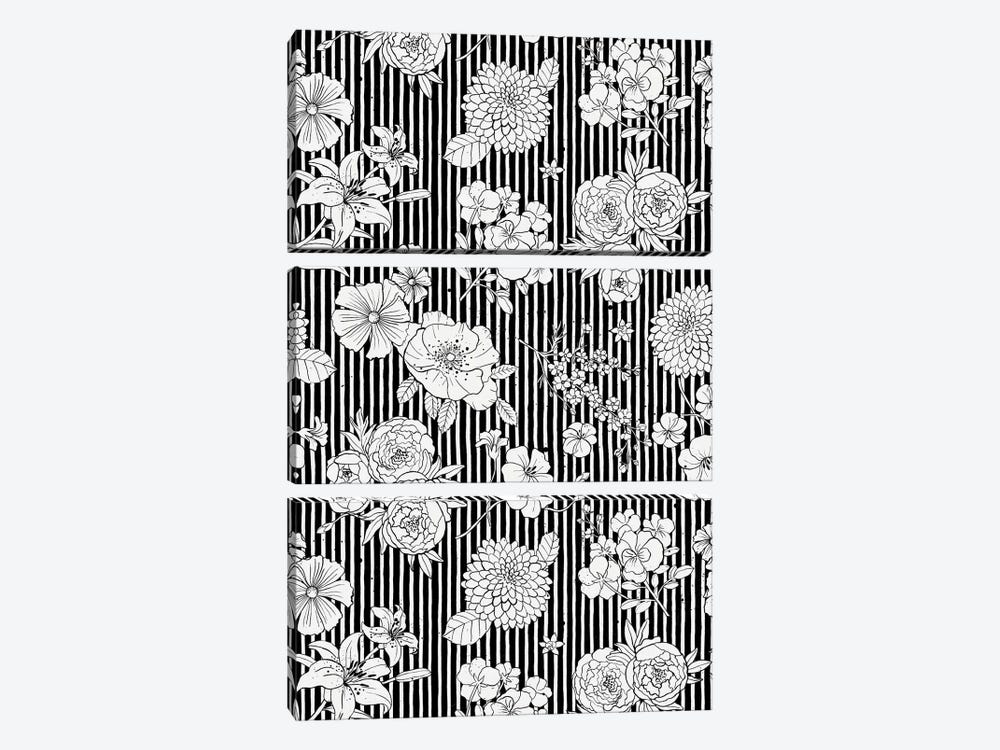 Flowers And Stripes Black White by Ninola Design 3-piece Canvas Art