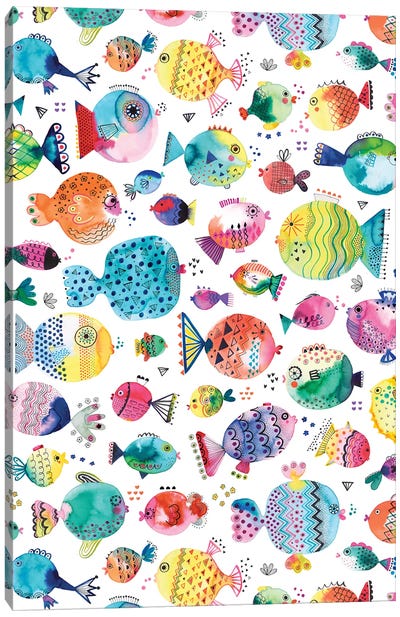 Cute Puffer Fishes Watercolor Multi Canvas Art Print - Kids Bathroom Art