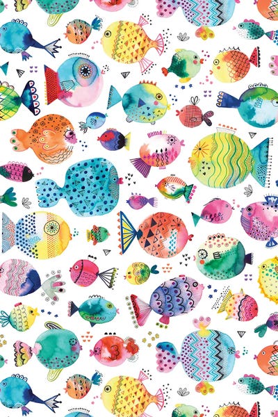 Kids Ocean Life Art: Cute Puffer Fishes Watercolor Multi by Ninola Design