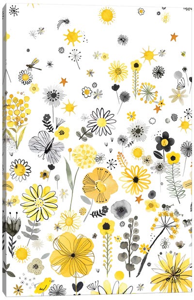 Positive Watercolor Flowers Yellow Canvas Art Print - Pantone 2021 Ultimate Gray & Illuminating