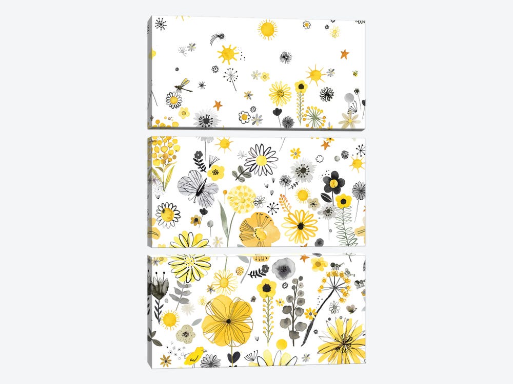 Positive Watercolor Flowers Yellow by Ninola Design 3-piece Canvas Wall Art