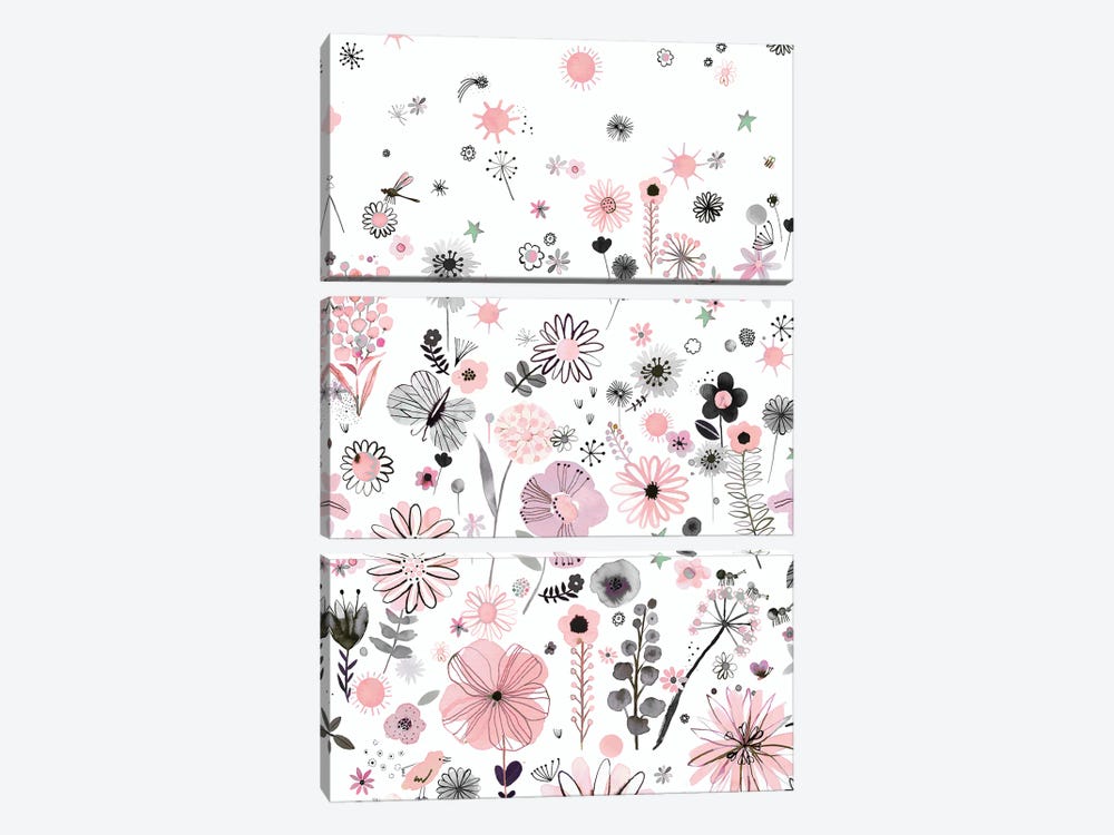Positive Watercolor Flowers Pink by Ninola Design 3-piece Canvas Print