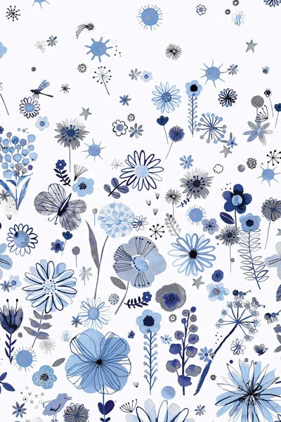 Positive Watercolor Flowers Blue by Ninola Design metal wall art
