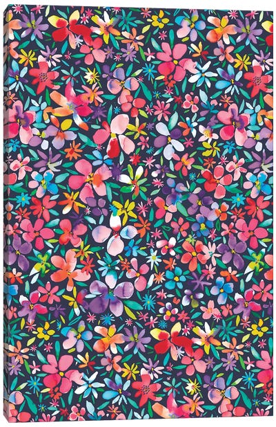 Colorful Flowers Petals Navy Canvas Art Print - Floral & Botanical Patterns