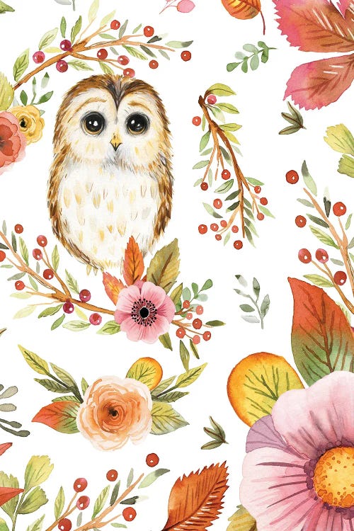 Romantic Owls Flowers Terracotta Green by Ninola Design wall art