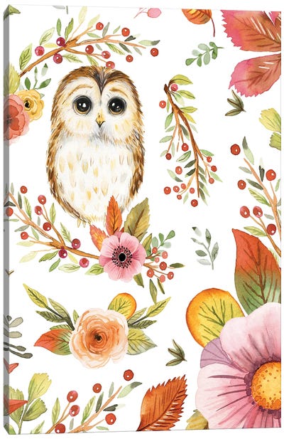 Romantic Owls Flowers Terracotta Green Canvas Art Print - Ninola Design