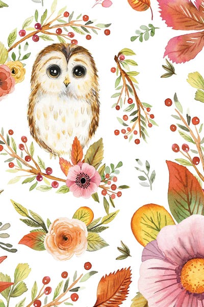 Ninola Design: Romantic Owls Flowers Terracotta Green by Ninola Design