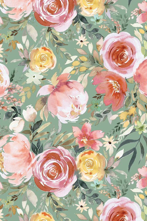 Pastel Peony Rose Floral Bouquet Green by Ninola Design wall art