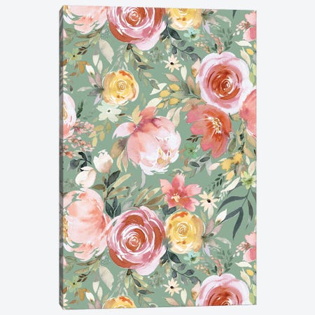 Pastel Peony Rose Floral Bouquet Green Canvas Print #NDE360} by Ninola Design Canvas Wall Art