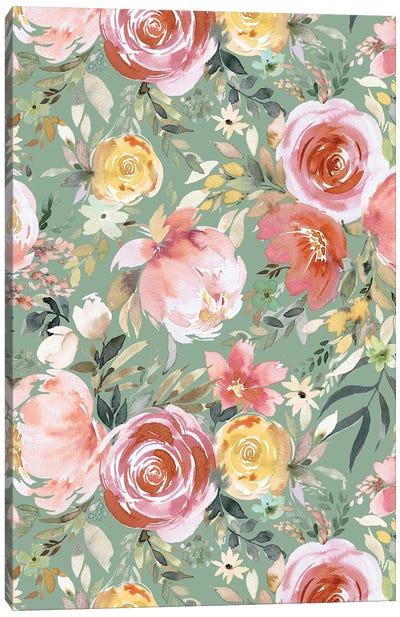 Pastel Peony Rose Floral Bouquet Green Canvas Art Print - Floral Pattern Collection