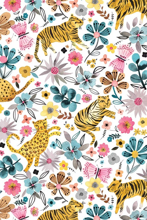 Spring Tigers Flowers Pink Blue