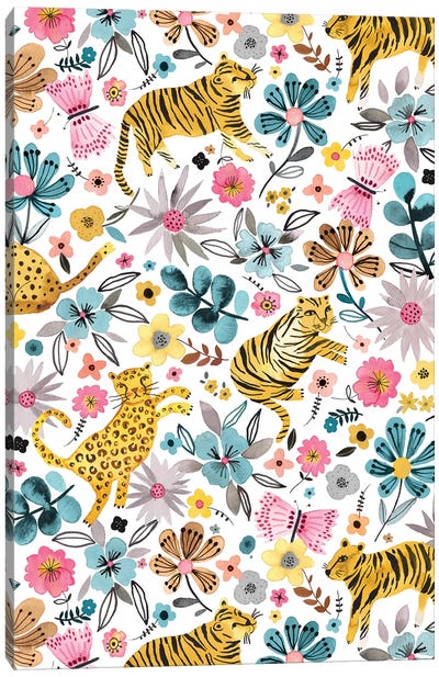 Spring Tigers Flowers Pink Blue Canvas Art Print - Animal Patterns