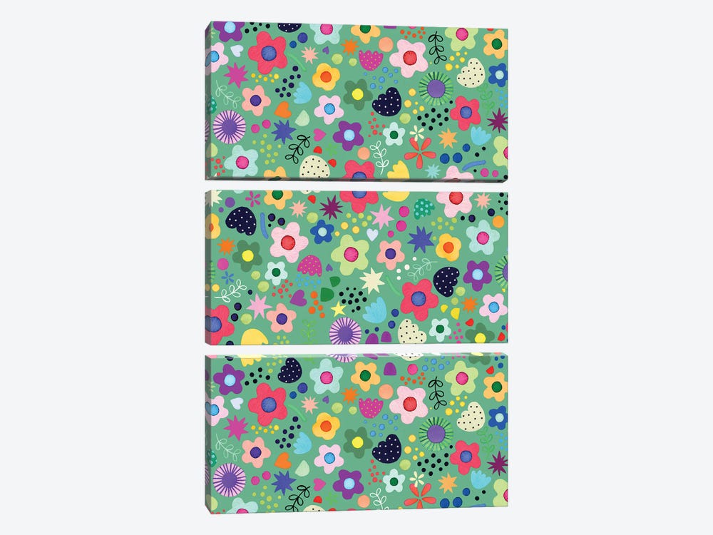 Psychedelic Flowers Green by Ninola Design 3-piece Canvas Art Print