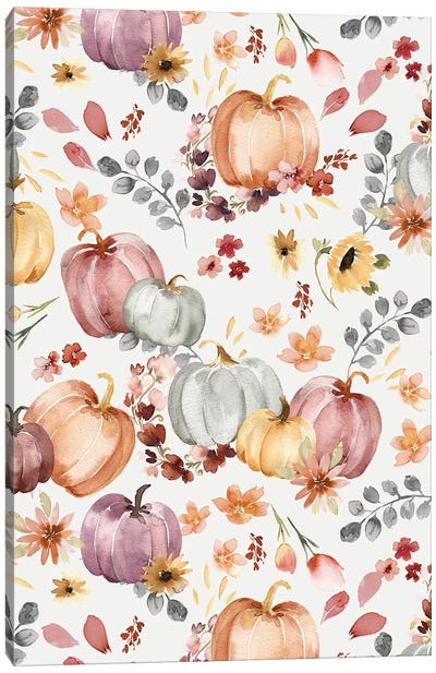 Pumpkins Floral Ecru Canvas Art Print - Thanksgiving Art