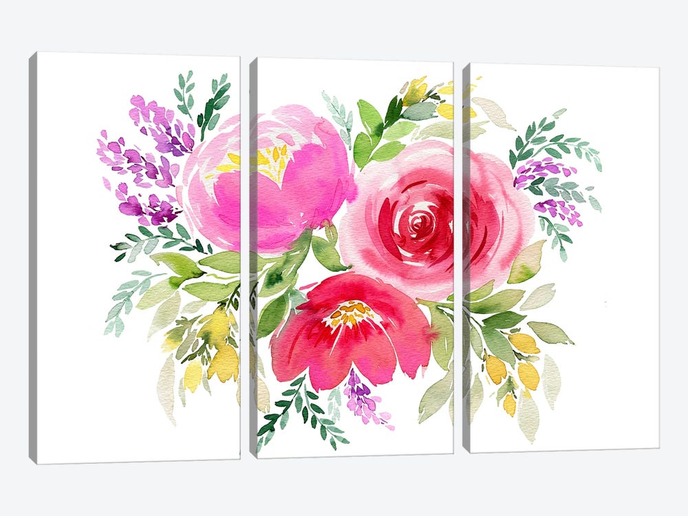 Bouquet Romantic 3 Roses Pink by Ninola Design 3-piece Canvas Art Print