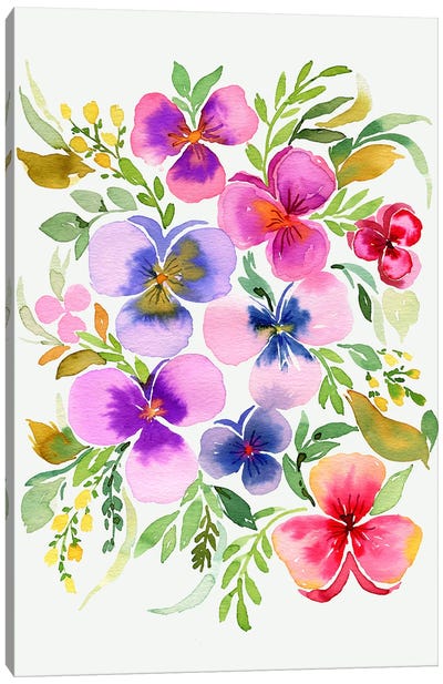 Watercolor Floral Pansies Canvas Art Print - Ninola Design