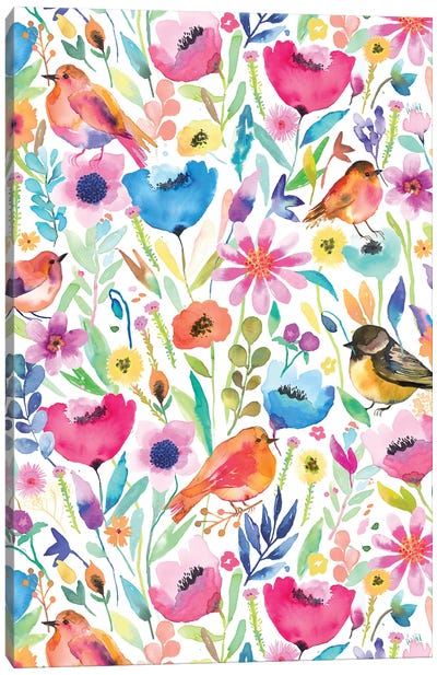 Hidden Whimsical Meadow Birds Color Canvas Art Print - Ninola Design
