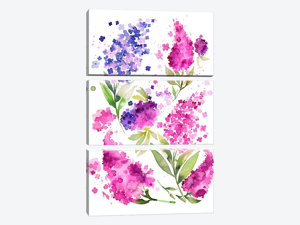 Watercolor Hydrangeas And Lilacs by Ninola Design 3-piece Canvas Wall Art